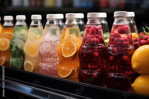  a row of glass bottles filled with different types of fruit and veggies next to lemons, raspberries, raspberries, and lemons.