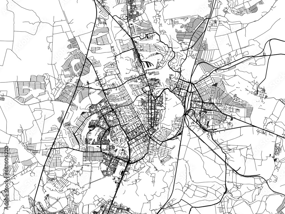 Vector road map of the city of Kursk in the Russian Federation with black roads on a white background.