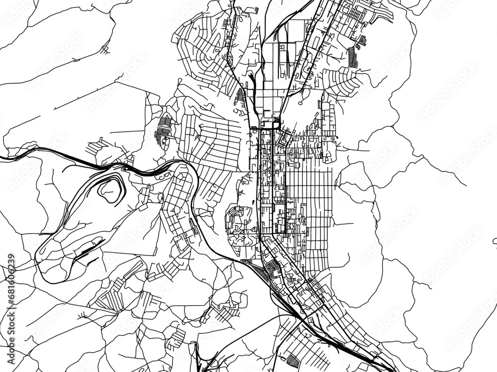 Vector road map of the city of Miass in the Russian Federation with black roads on a white background.