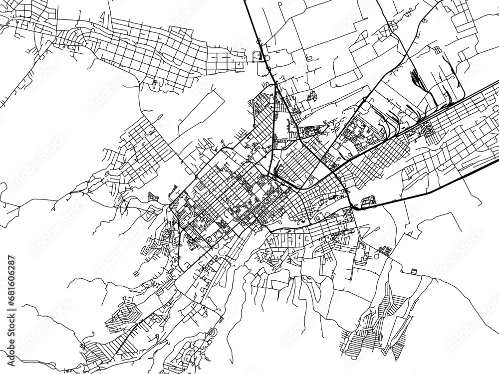 Vector road map of the city of Nalchik in the Russian Federation with black roads on a white background.