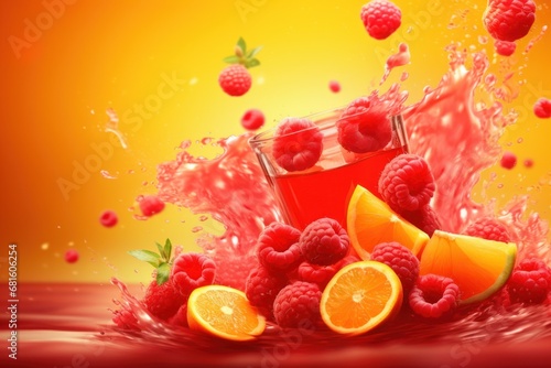  raspberries  oranges  and raspberries are splashing out of a glass of juice with a splash of water on the side of the glass.