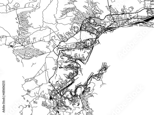Vector road map of the city of Nakhodka in the Russian Federation with black roads on a white background.