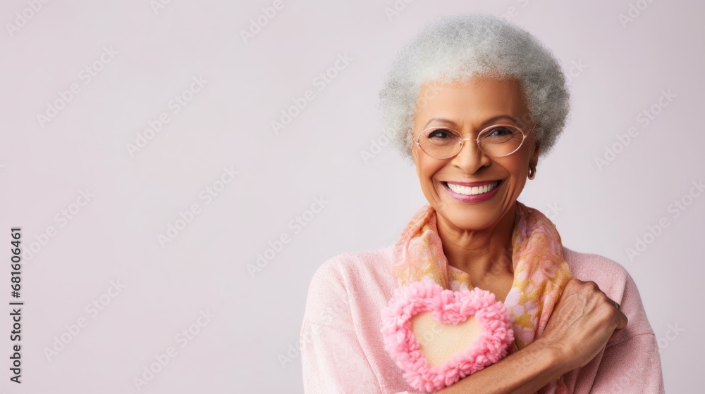 A happy woman with cancer, bald, wearing pastel clothes, posing in a studio with a pastel background.
