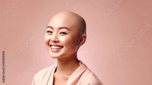 Vibrant image of a cheerful woman with cancer, wearing pastel clothing, on a pastel backdrop.