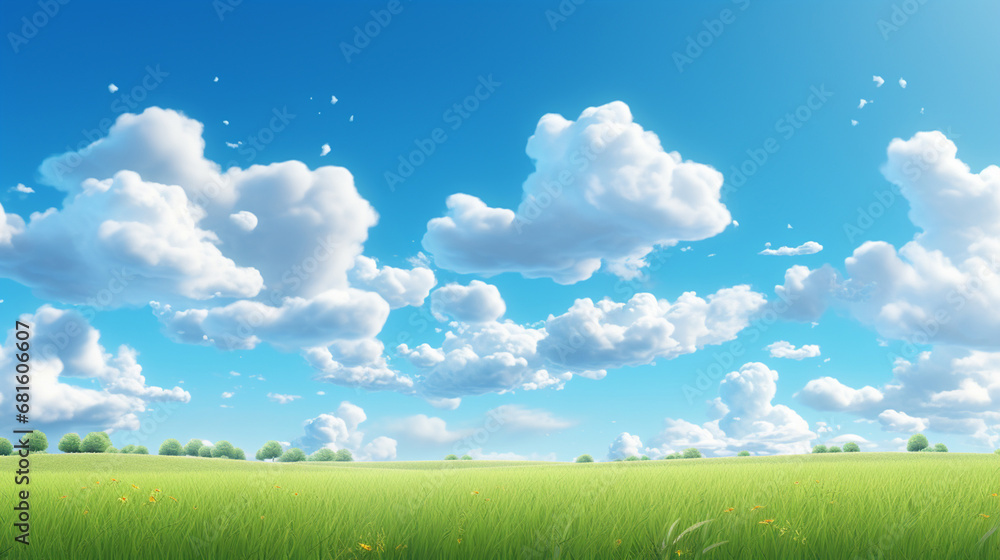 An illustration with clouds over a plain, digital illustration