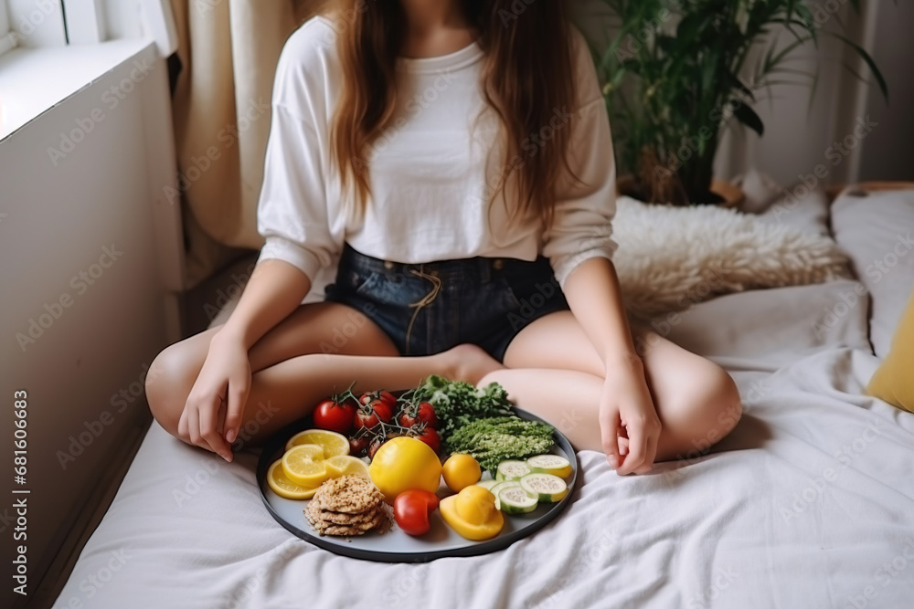 Girl holds a paper plate with healthy food sitting on the floor. Home delivery food. Healthy eating concept. When you stay at home. Girl holds a paper plate with healthy food sitting on the floor. Home delivery food. Healthy eating concept. When you stay at home.