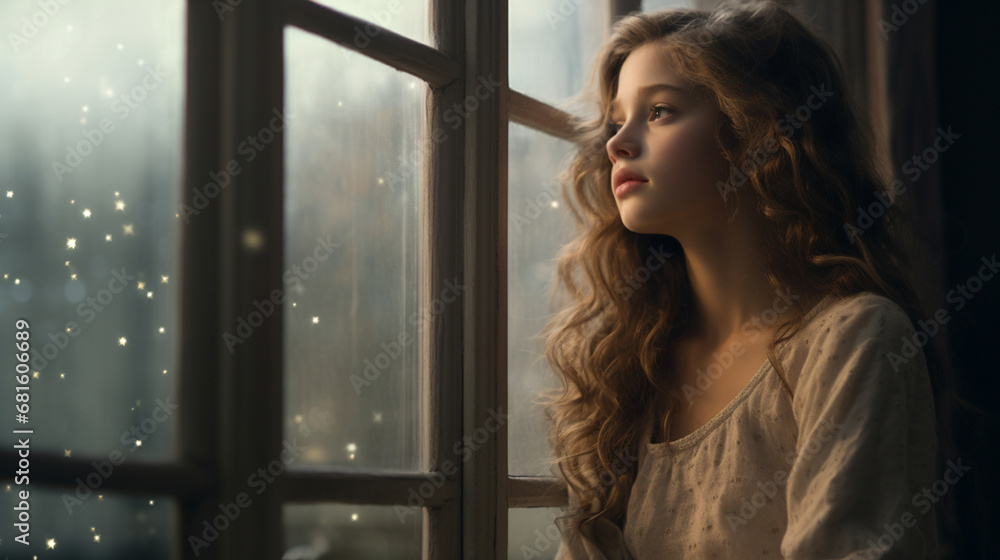 Fototapeta premium A girl who thinks at the window