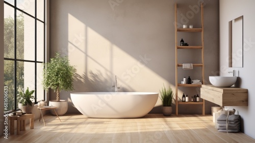 Attic interior with white walls, wooden floors and a white bathtub with a towel standing under the windows. A door in the wall and two toilets. 3D rendering
