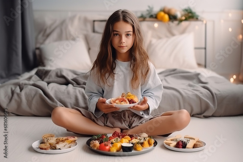 Girl holds a paper plate with healthy food sitting on the floor. Home delivery food. Healthy eating concept. When you stay at home. photo