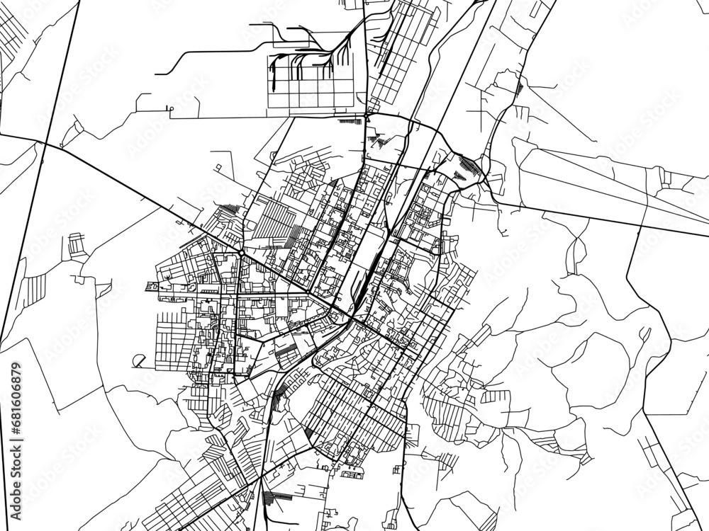 Vector road map of the city of Sterlitamak in the Russian Federation with black roads on a white background.