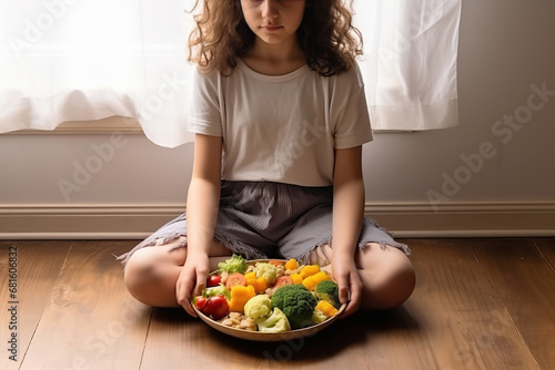 Girl holds a paper plate with healthy food sitting on the floor. Home delivery food. Healthy eating concept. When you stay at home. photo