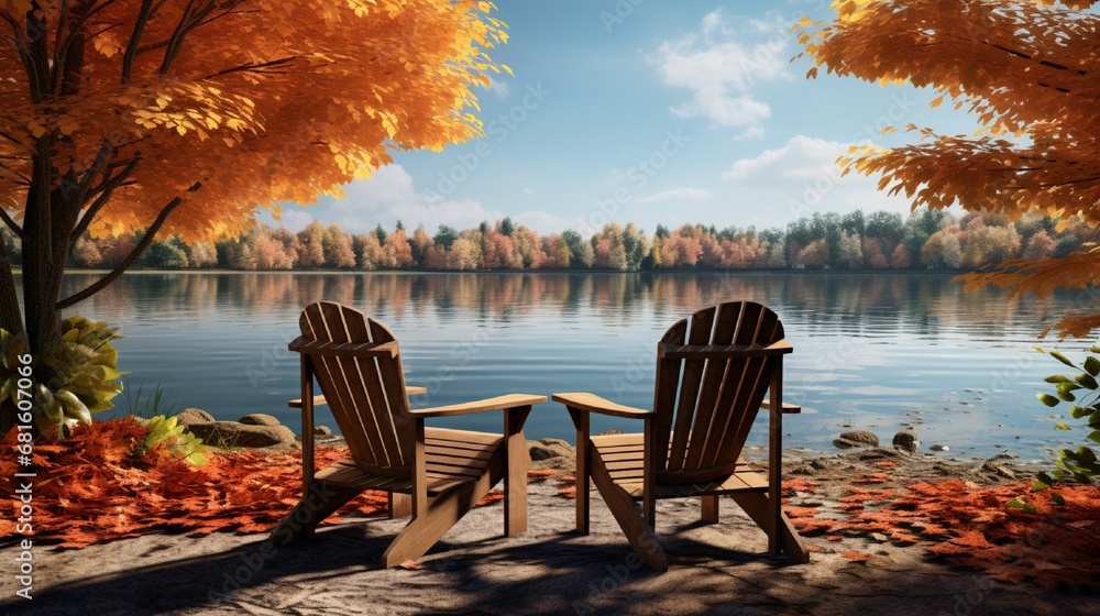 Chairs by the lake with autumns surrounding view