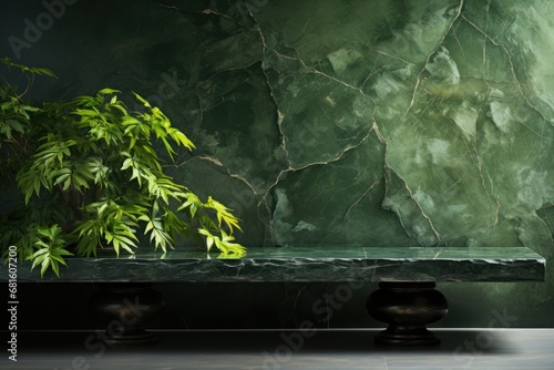  a green marble bench in front of a green wall with a green plant in the corner of the room on the right side of the bench is a black table.