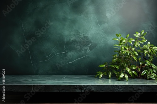  a potted plant sitting on top of a marble counter top in front of a dark green wall with a painting of a bird on it's wing above it.