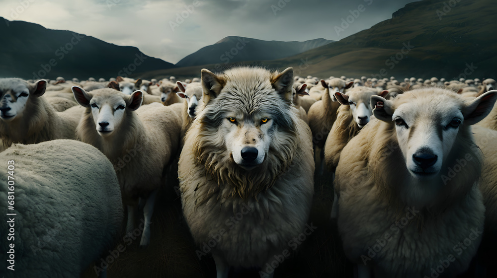 A Wolf In Sheep's Clothing - A wolf among dozens of sheep - obrazy, fototapety, plakaty 