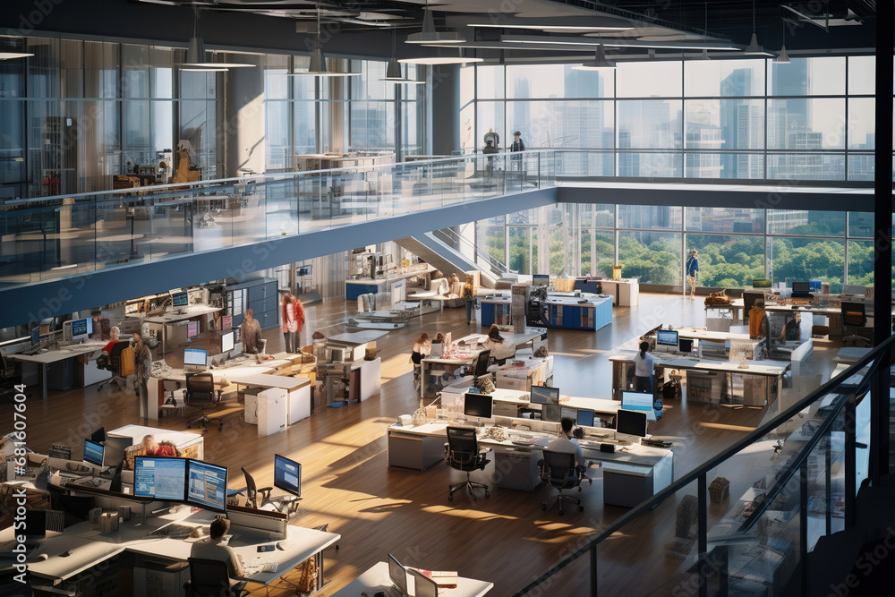 Elevated view of a busy open plan office Elevated view of a busy open plan office