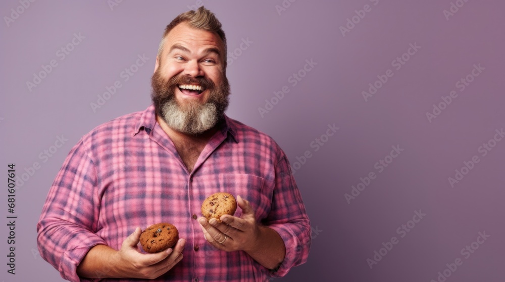 Content plus-size bearded man enjoying a joyful moment with a cookie. Content plus-size bearded man enjoying a joyful moment with a cookie.