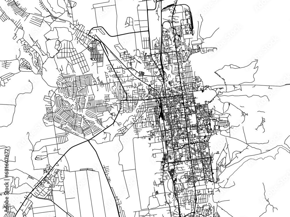 Obraz premium Vector road map of the city of Yuzhno-Sakhalinsk in the Russian Federation with black roads on a white background.