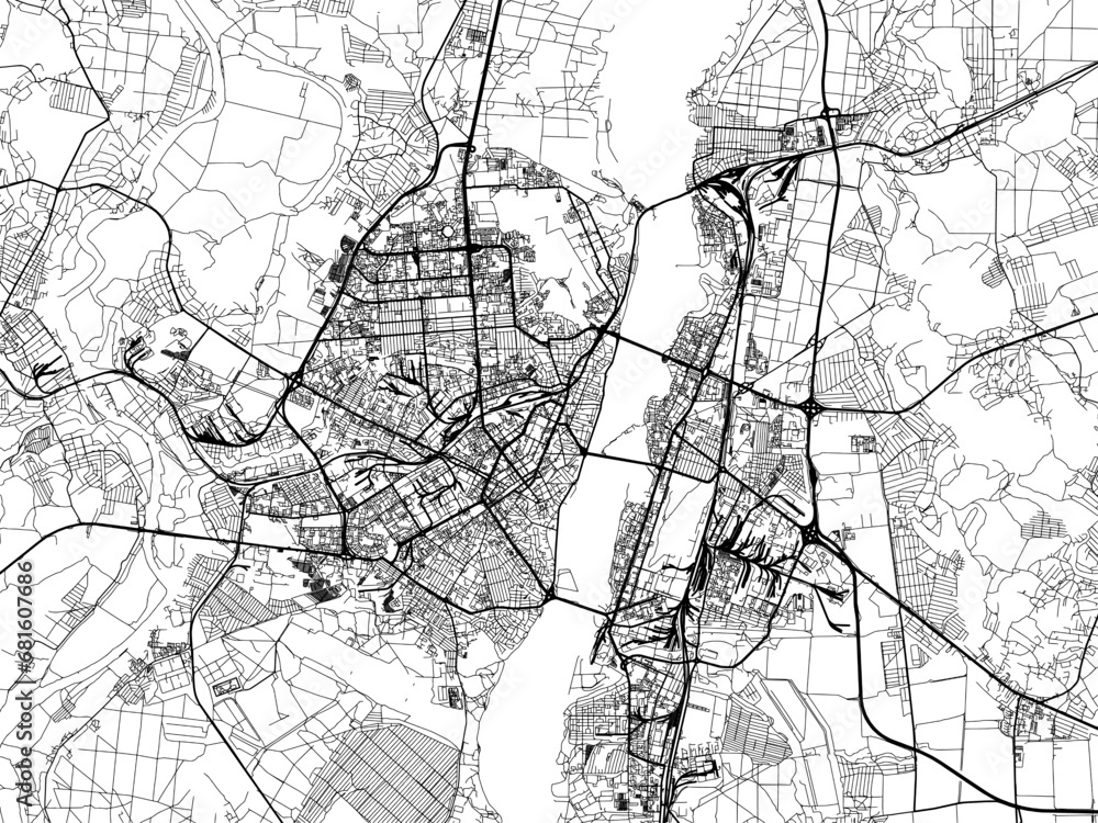 Vector road map of the city of Voronezh in the Russian Federation with black roads on a white background.