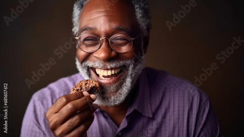 Cheerful afro senior man enjoying a tasty cookie with chocolate.
