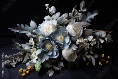  a close up of a bouquet of flowers on a black background with white and blue flowers on the bottom of the bouquet and the top of the flowers on the bottom of the bouquet. © Shanti