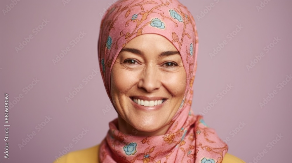 A joyous woman, a cancer survivor, smiles brightly in pastel clothing in a studio setting. A joyous woman, a cancer survivor, smiles brightly in pastel clothing in a studio setting.