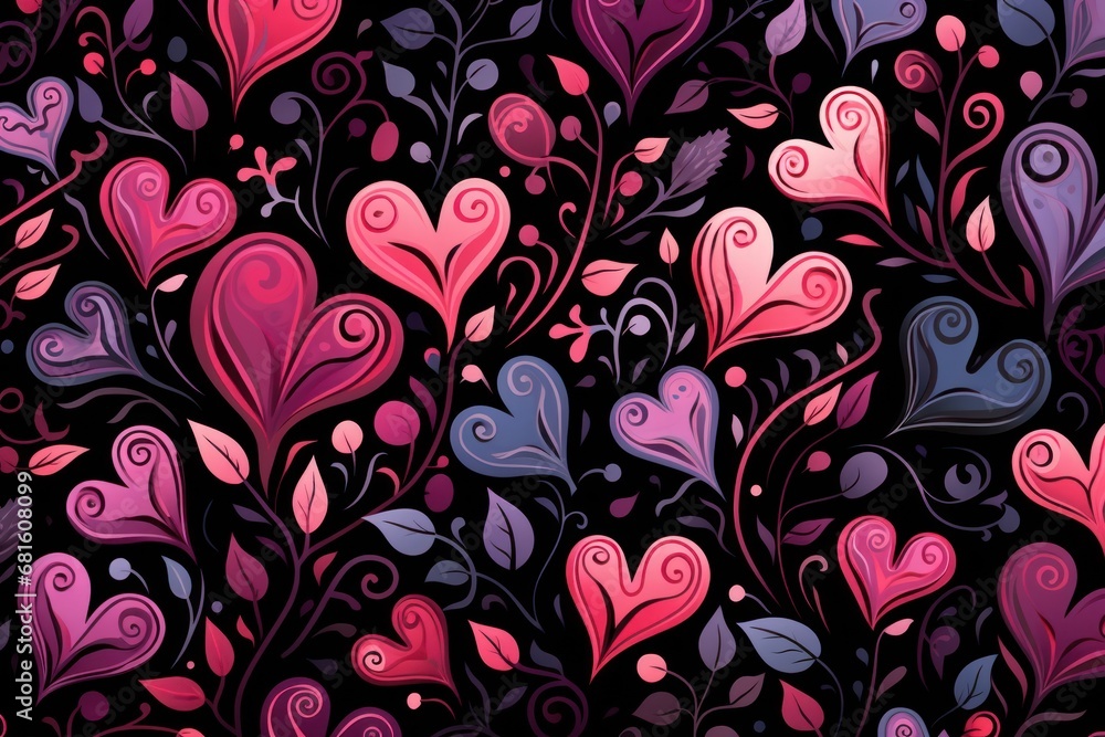 a bunch of hearts with swirls and leaves on a black background with pink, purple, and red colors in the form of swirls and blots. a bunch of hearts with swirls and leaves on a black background with pink, purple, and red colors in the form of swirls and blots.
