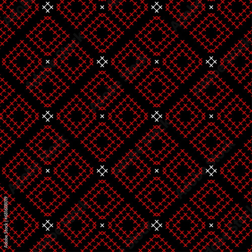 Red cross stitch pattern. Dark background