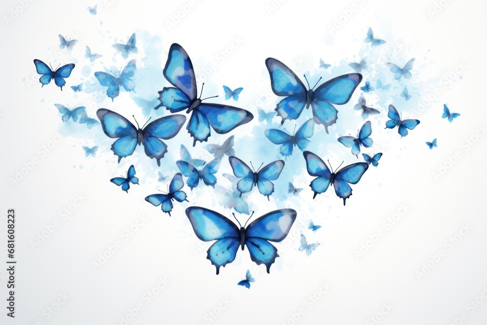 a group of blue butterflies in the shape of a heart on a white background with a splash of paint on the bottom half of the image and bottom half of the image. a group of blue butterflies in the shape of a heart on a white background with a splash of paint on the bottom half of the image and bottom half of the image.