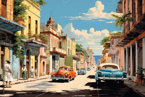  a painting of a street scene with cars parked on the side of the road and people walking on the side of the street in front of a row of buildings. photo