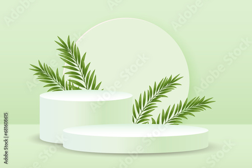 Podium with palm leaves for product presentation on a pale green background. 3D illustration, vector
