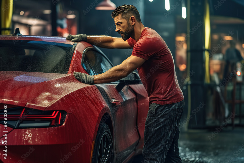Naklejka premium Car Wash Expert Using Water Pressure Washer to Clean a Red Modern Sportscar. Adult Man Washing Away Shampoo, Preparing a Muscle Car for Detailing. Creative Low Key Photo with Sport Vehicle