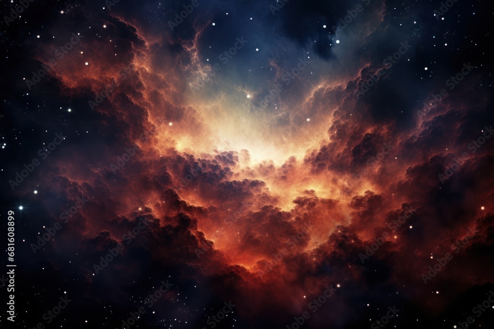  a red and blue sky filled with stars and a star filled sky filled with stars and a bright orange and blue cloud in the middle of the center of the sky.