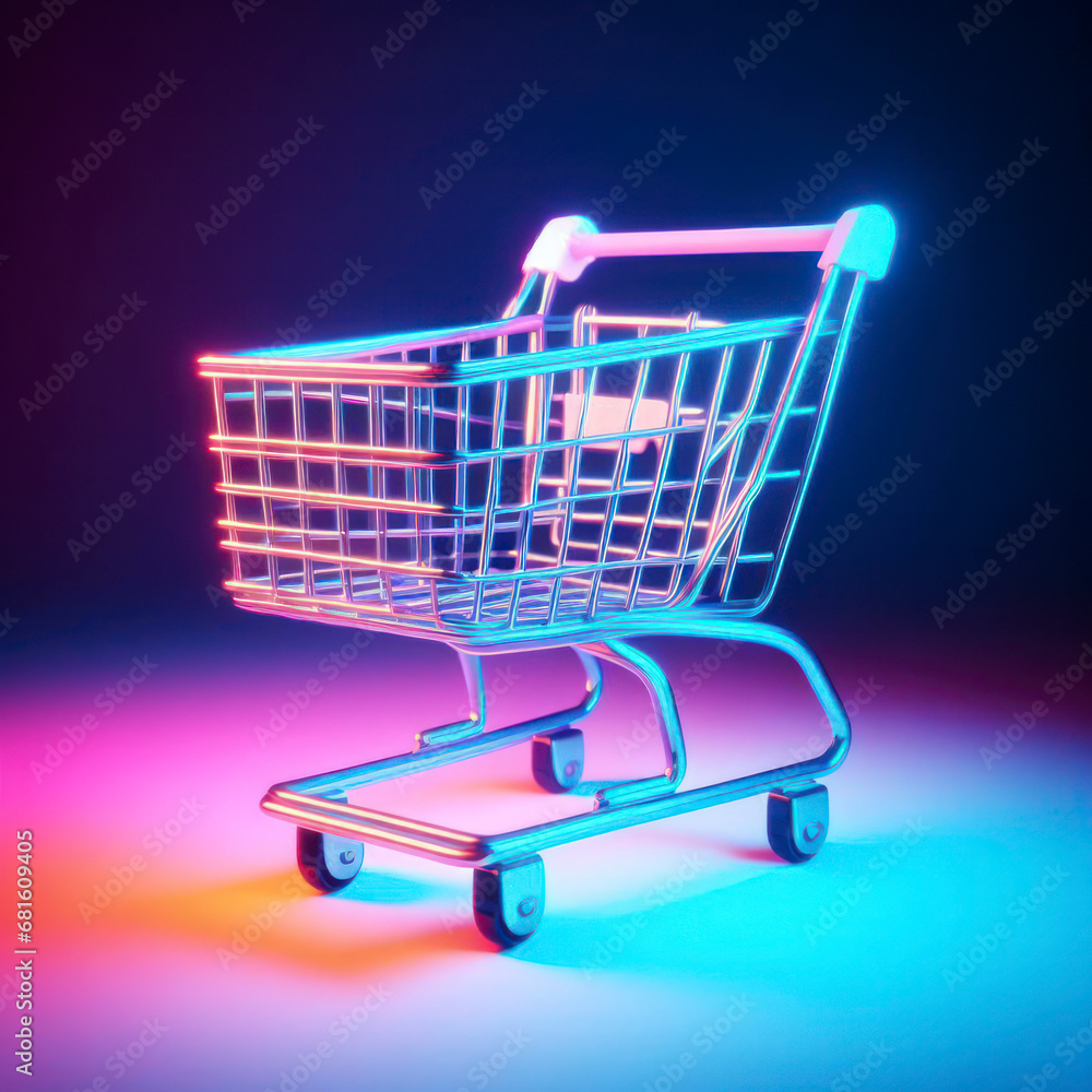 Shopping trolley with in trendy neon gradient light background, Toy shopping trolley. ai generative Shopping trolley with in trendy neon gradient light background, Toy shopping trolley. ai generative