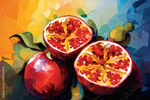  a painting of two pomegranates with one cut in half and the other half open, on a multicolored background of polygonic shapes. photo