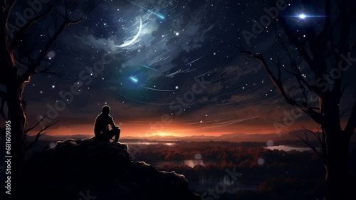 landscape with person looking at the moon in the sky. seamless looping time-lapse virtual video Animation Background.
