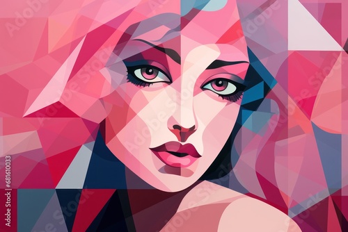  a digital painting of a woman's face with pink hair and blue eyes, with a geometric pattern of pink and blue triangles in the shape of the woman's face. © Shanti