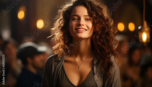 Young woman smiling, looking at camera, confident in nightclub generated by AI