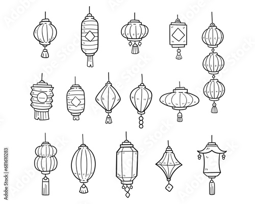 Chinese lantern element vector hand-drawn outline sketch illustration set