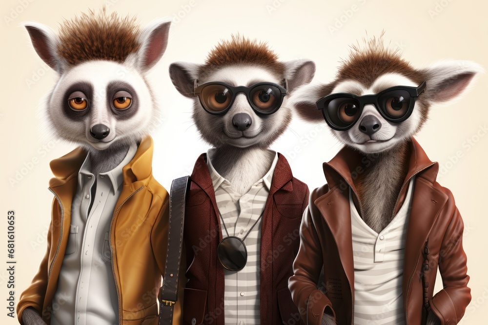  a group of three raccoons wearing sunglasses and jackets with a man in a brown jacket and a woman in a white shirt and a brown jacket and tan jacket.