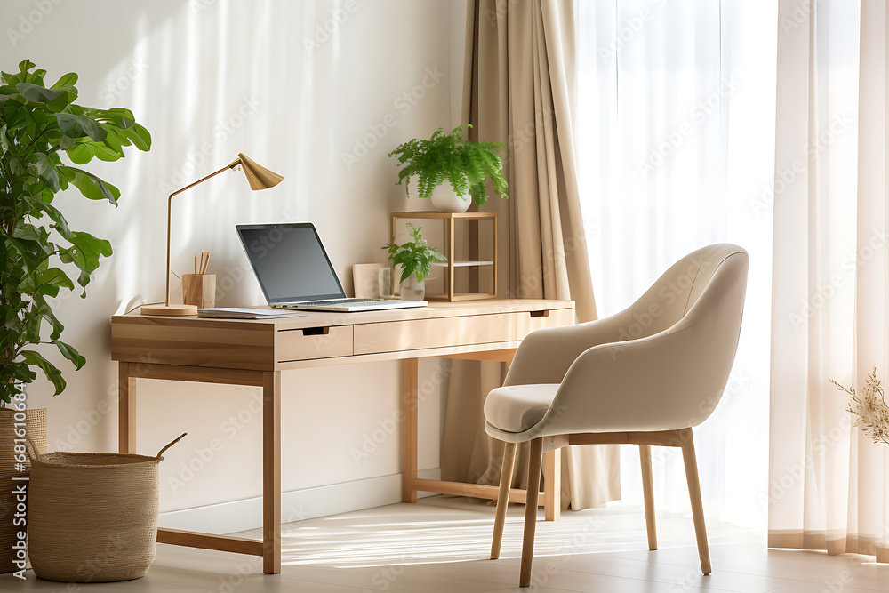 A cozy home workplace with wooden drawer writing on the table generated by Ai A cozy home workplace with wooden drawer writing on the table generated by Ai