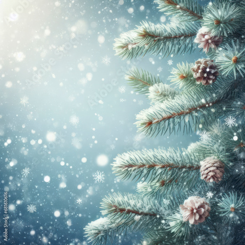 Winter background with pine branches and falling snowflakes. ai generative