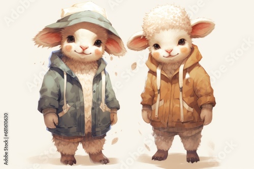  a couple of sheep standing next to each other in front of a white background with a person wearing a hat on top of one of the sheep's head.