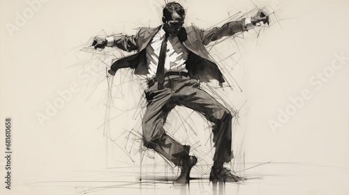 A Wide illustration of a male dancer dancing in a party pencil drawing 