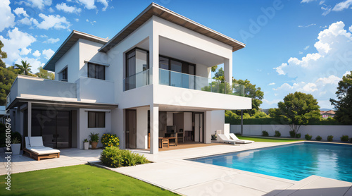 Luxury mansion with landscaped patio, swimming pool, and water view. © samsul