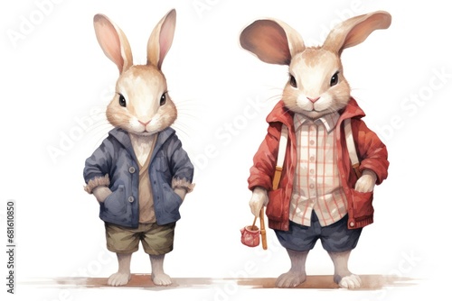  a couple of rabbits standing next to each other in front of a white background and one is wearing a red jacket and the other is wearing a blue shirt and tan pants.