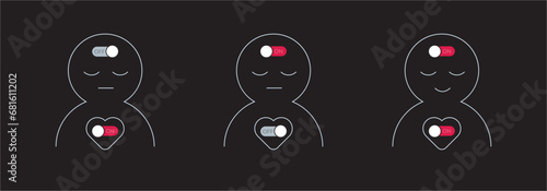 Three person with on off buttons in their heads and hearts.