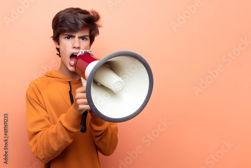 Young boy shouting into a megaphone on solid background copy space. ai generative