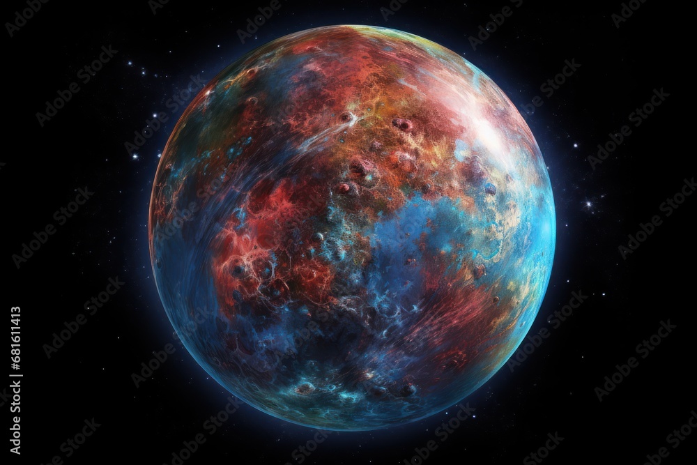  a large red and blue planet with stars in the background and a black sky with a few white stars in the middle of the image, and a black space with a few red and blue stars in the middle.