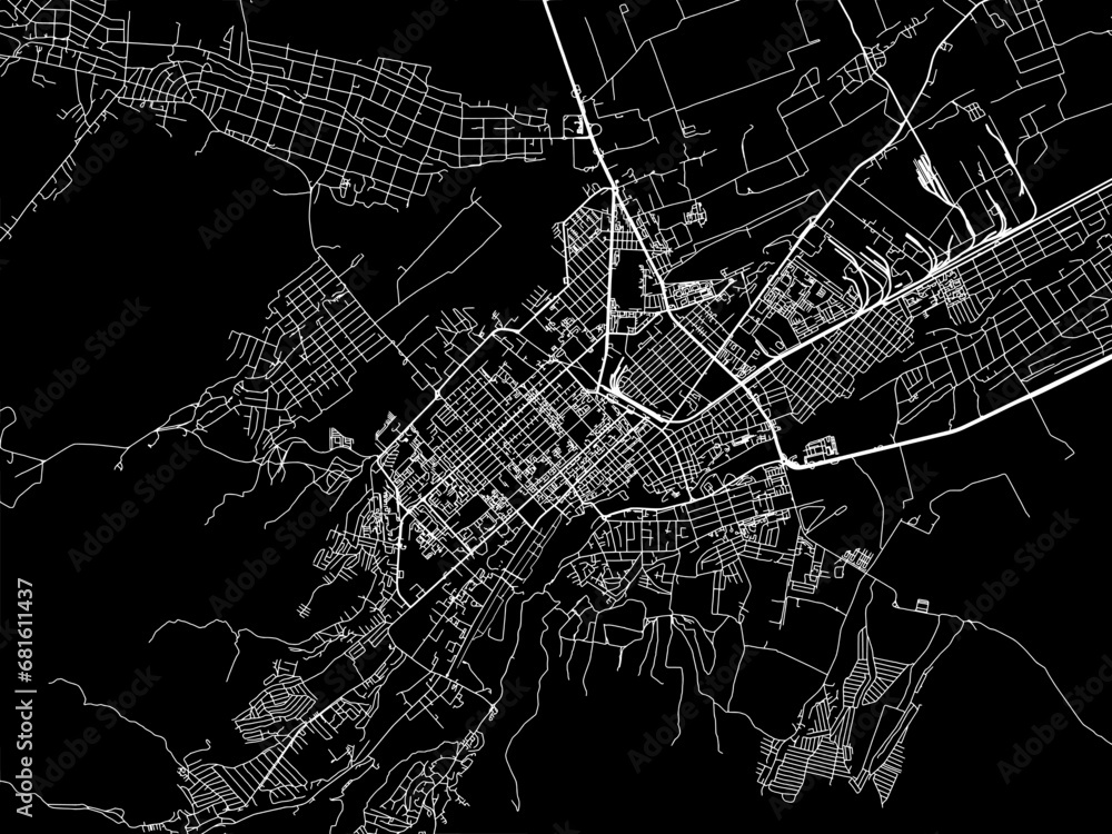 Vector road map of the city of Nalchik in the Russian Federation with white roads on a black background.